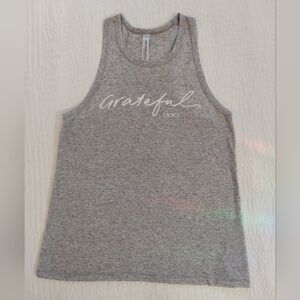 Lorna Jane Heather Gray Racerback Tank with White Script "GRATEFUL"